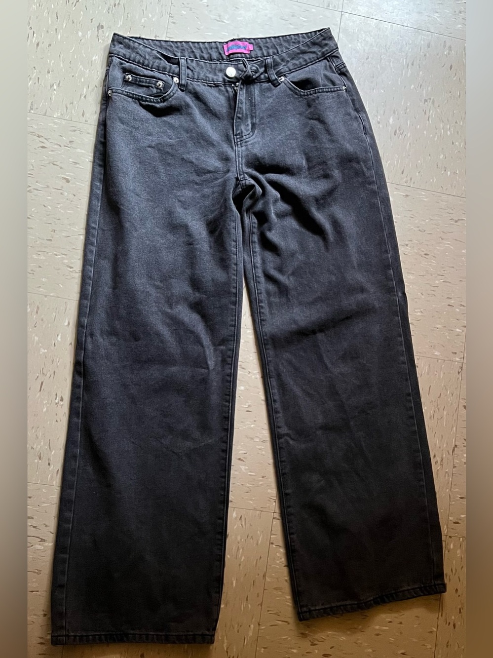 Edikted Women's Wide-Leg Black Jeans with pink bows on back pockets